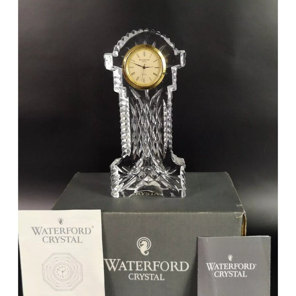 WATERFORD  Ireland Crystal Grandfather Gold Faced Clock Signed Needs Battery